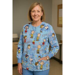 Y2K Peanuts Scrub Top Medium Snoopy Charlie Brown Lucy Nurse Jacket Cartoon